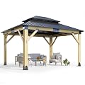 GARTOO 11’x13’ Outdoor Wooden Gazebo - Patio Galvanized Steel Gazebo with Double Vented Roof, Heavy-Duty Cedar Wooden Gazebo for Garden, Lawn, Poolside, Backyard Deck