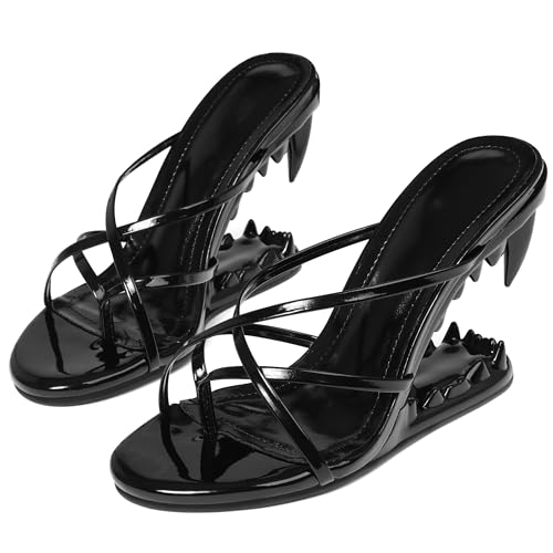 Image of Goiphrri Wedge Sandals for Women Strappy Heels Round Open Toe Heels Metallic Shark Tiger Teeth heeled Sandals Flip Flops Thong Womens Mules Slip on Party Dress Wedding Ceremony