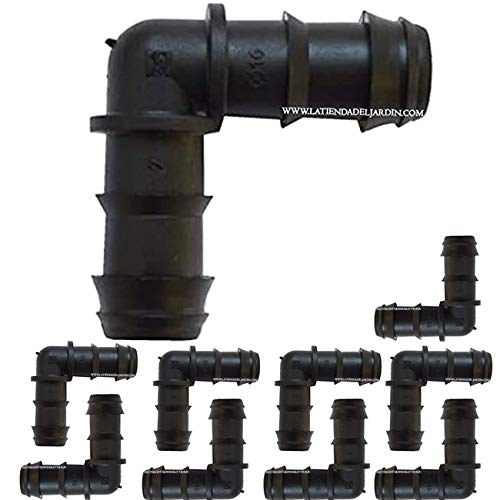Suinga Pack 10 Codo Riego por Goteo 16mm | Codo conector tuberia 16 mm | Codo Goteo para Manguera de Riego 16mm, negro
