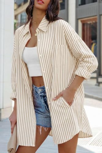 Image of FSHAOES Womens Oversized Button Down Shirts Casual Loose Long Sleeve Solid Lapel Long Blouses Tops with Pockets