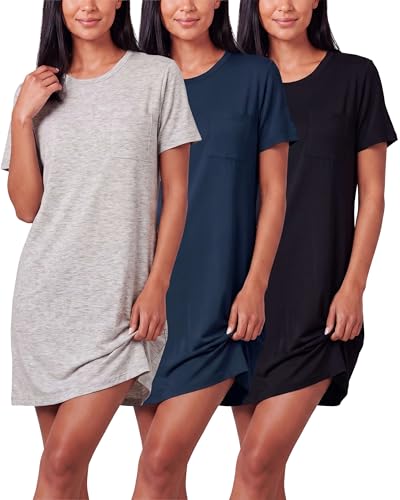 Image of Real Essentials 3 Pack: Women's Short Sleeve Nightgown Dress - Nightshirt Pajama Sleep Shirt Sleepwear (Available In Plus)