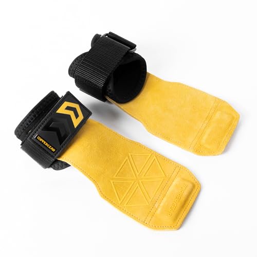 TOPPERGEAR パワーグリップ 本革製 筋トレ用グリップ ウエイトリフティング・ローイング種目対応 (イエロー 滑り止め加工, Mサイズ)