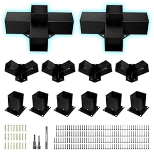   SKYSEN-Pergola-Bracket-Kit-Wood-Gazebo-Brackets-Kit-3-Way-and-4-Way-Right-Angle-Corner-Bracket-for-4X-4-Actual-356-X-356-Lumber-with-Post-Base-Kit-Blackpb-3t-4t-6d