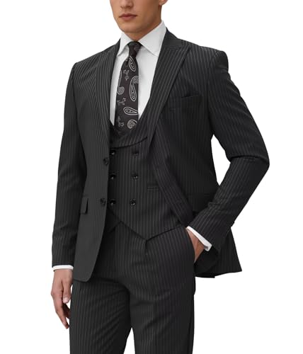 Mens 3 Piece Pinstripe Suit Slim Fit Double Breasted Suit for Men Business Wedding Tuxedo Party