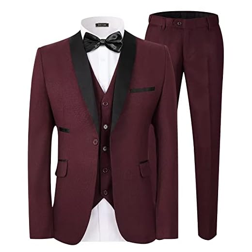 Ween Charm – Colete de smoking masculino com lapela xale, 3 peças, ajuste slim, um botão, terno, blazer, Wine Red, Medium