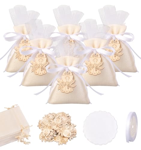 Sacchetti Portaconfetti Comunione Juta - 24 Pezzi Con Ciondoli Legno Calice E Uva