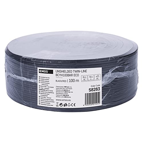 EMOS Cable de Cobre 2 x 1,0 mm², 100 Metros de Cable Doble de CCA, de Baja tensión, Color Negro con Marcado de polaridad