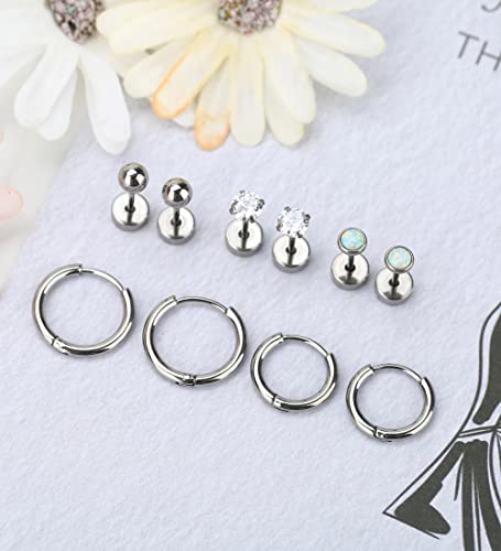 Mjust Titanium Earrings For Sensitive Ears 20G Titanium Stud Earrings And Hoop Earrings Ball Opal Cubic Zirconia G23 Pure Titanium Cartilage Earrings Hypoallergenic Flat Back Earrings(Silver) #TOP4