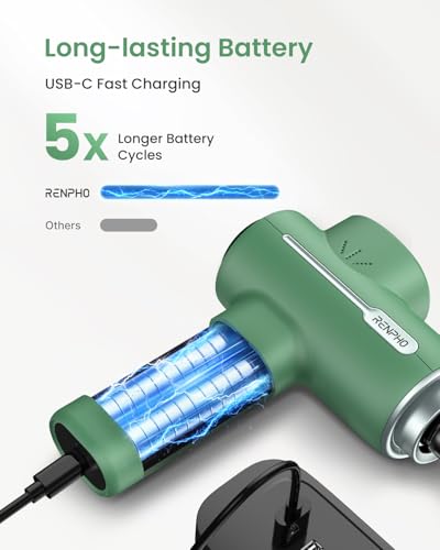 Image of RENPHO Active Massage Gun, Fathers Day Dad Gifts, Deep Tissue Percussion Back Massager for Neck, FSA Approved, Portable Handheld Massager with 5 Speeds, HSA, 5 Attachments, Carry Case, Green