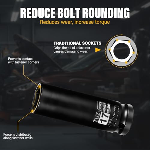Image of 1 /2 Inch Drive 17mm Deep Metric Impact Socket,CR-MO,6 Point Radius Corner Design,Square Chamfered Opening,Axle Nut Impact Grade Socket for Easy Removal