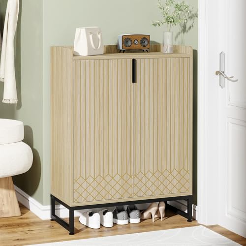 Image of Tribesigns Shoe Cabinet with Doors,Natural 5 Tiers Shoe Storage Cabinet for Entryway, 25 Pairs Wooden Shoe Rack Cabinet, Modern Shoe Organizer Storage for Living Room, Bedroom, Hallway, Closet
