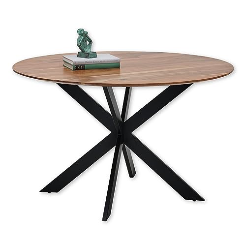 PEDRO Esstisch rund Massivholz Akazie - Hochwertiger Esszimmertisch mit sternförmigem Metallgestell für Ihr Esszimmer - 130 x 79 x 130 cm (B/H/T)
