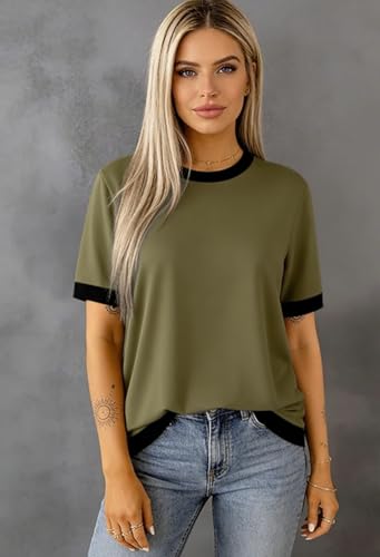 Image of Womens Short Sleeve Striped Color Block Crew Neck Sweater Shirt Lightweight Cotton Casual Summer Pullover Tops
