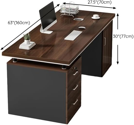LITFAD Office Desk Modern Computer Desk Brown Wood Writing Desk with Black Sled Base, Locking Drawer, and Cabinet Home Office Furniture - Without Chairs 63" L x 27.6" W x 30.3" H