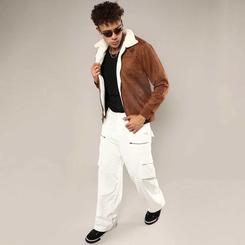 Image of CAHOOT Men's Brown Zip-Front Jacket With Fleece Detail For Casual Wear | Long Sleeve | High Neck | Zipper Closure | Suede Jacket Crafted With Comfort Fit For Everyday Wear