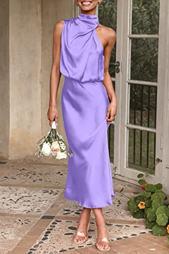 Prettygarden Women's 2023 Summer Satin Dress Elegant Sleeveless Mock Neck Cocktail Party Maxi Dresses (Purple,Medium) #TOP7