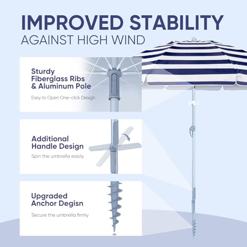 Image of Tempera Heavy Duty High Wind Beach Umbrella with Sand Anchor & Carry Bag | Patio Outdoor Umbrella with Aluminum Frame and Push Button Tilt, Ideal for Garden Lawn, UPF 60+