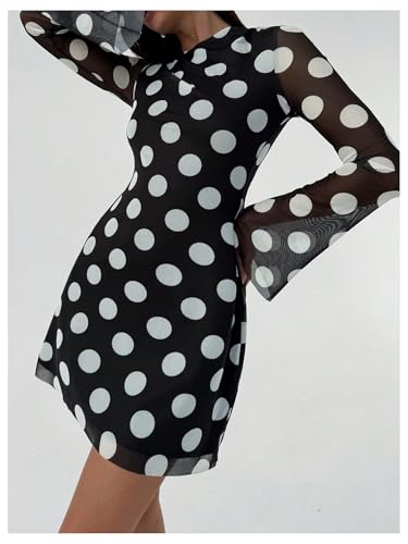 Image of GORGLITTER Women's Bell Long Sleeve Mini Dress Y2k Fall 2025 Mesh Boat Neck Going Out Club Bodycon Short Dress