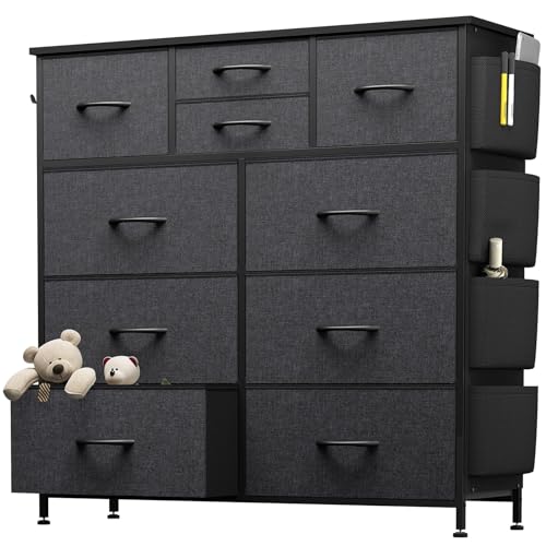 Image of YaFiti 10 Drawer Dresser, Chest of Drawers for Bedroom, Fabric Dresser Drawers with Side Pockets, Hooks, Wooden Top and Sturdy Metal Frame for Living Room, Closet, Hallway, Nursery (Grey)