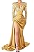 CWOAPO V Neck Sequin Mermaid Long Sleeve Prom Dress 2025 Fuchsia Dress for Women Silk Satin Evening Gown with Slit Formal Wedding Party Dresses US0