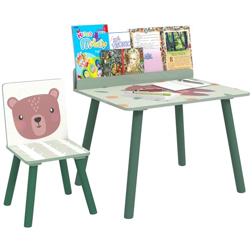 AIYAPLAY Set Sedia e Tavolino per Bambini con Ripiano Portaoggetti, Banco Scuola e Sedia in MDF e Legno di Pino, per Cameretta, Stanza da Gioco, Camera da Letto, Verde