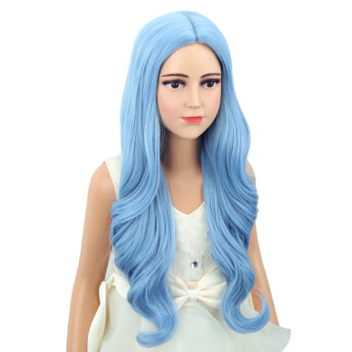 Image of Light Blue Wig Long Middle Part Wig Long Wavy Curly Wigs Heat Resistant Synthetic Wigs for Daily Party Use