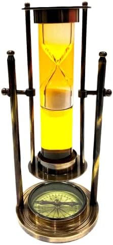 Temporizador de arena blanca líquida amarilla giratoria antigua de 9 pulgadas de latón macizo antiguo, rueda marítima con brújula Better Buy