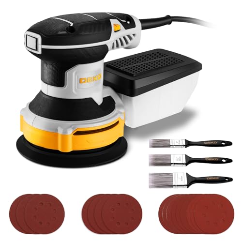 DEKOPRO 300W Levigatrice Orbitale - 6 velocità variabile 14000RPM Levigatrice Rotorbitale, 125mm strumento di levigatura manuale con 3 pennelli (nero giallastro)