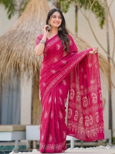 Image of Women's Pure Cotton Printed Saree with Traditional Batik Inspired Border Design, Soft Lightweight Daily Wear Saree with Unstitched Blouse Piece for Festive, Casual and Office Wear
