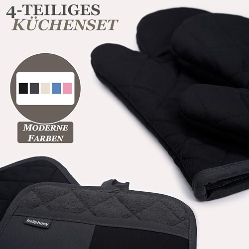 Bellphany Topflappen und Ofenhandschuhe Set - Topfhandschuhe zum Kochen & Backen, Backhandschuhe aus Baumwolle, hitzebeständig bis 250°C, Schwarz