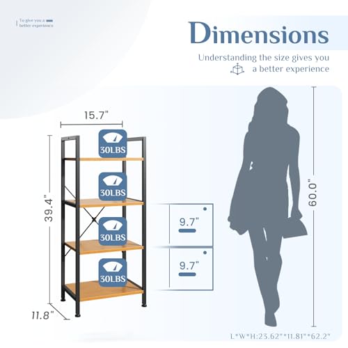 Image of DUMOS 4 Tiers Bookshelf, Classical Book Shelf, Tall Display Shelves in Living Room /Home /Office, Storage Organizer for CDs /Books /Movies, Freestanding Storage Decor Organizer, Wood