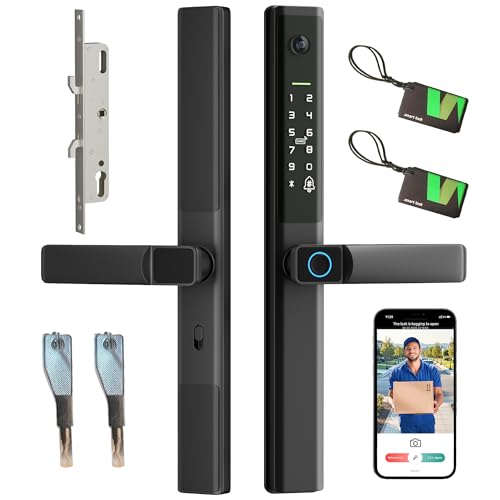 Sliding Glass Door Smart Lock with Handle Keyless Entry Sliding Door Lock with Image Doorbell Fingerprint Code RFID Card Keypad Key WiFi Remote Replacment Slim Thin Frame Patio Door 2885 Mortise Lock
