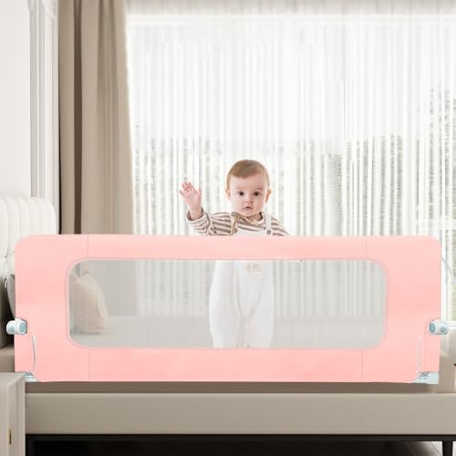 Barrera de cama para niños pequeños, barrera de seguridad plegable y portátil, marco de metal anticaída ajustable en altura, marco de metal resistente, 150 x 73 – 86 cm, color rosa