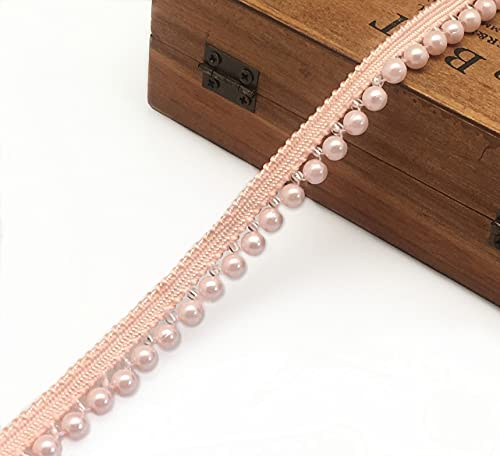 Fqtanju 2 Yards Faux Pearls Lace Ribbon Pearl Fringe Applique, Diy Craft Ribbon Pearl Lace Trim For Wedding Party Decoration,Pink #TOP1