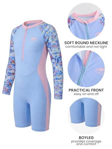 Gogokids Girls Swimsiut Size 11-12 One Piece Rash Guard Suits Bathing Suit Front Zipper Long Sleeve UPF 50+ Sun Protection Swimwear,Pink Blue Flowers — view 4