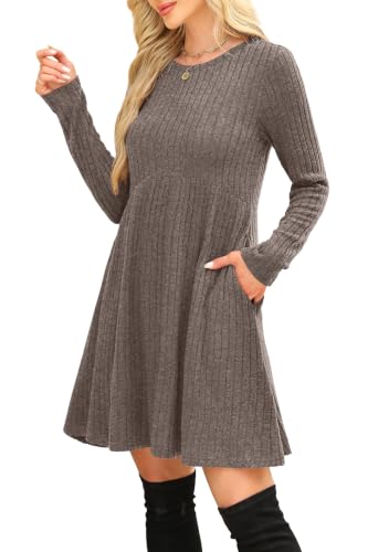 Image of OFEEFAN Long Sleeve Dress for Women Crew Neck Empire Waist Tunic Dress with Pockets