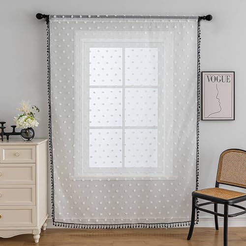 Mesnt Rideaux Salon Voilage, Rideaux en Voile à Pois avec Pompons pour Le Salon, Blanc Noir, 100 x 130 cm