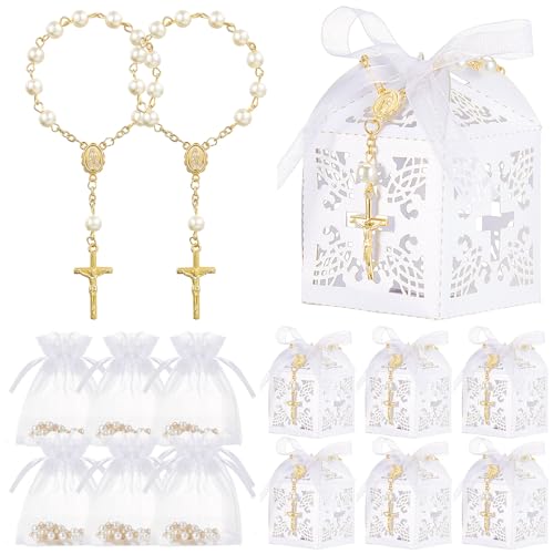 Bonuci 50 Packs Baptism Favors Set Acrylic Baptism Rosary Beads Faux Pearls with Organza Bags Recuerdo De Boda Y Bautizo for Christening Party Favors(Gold Pearl Bracelet)