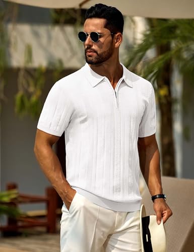 Cotrasen Mens Zipper Polo Shirts Short Sleeve Textured Knit Polo Shirts Regular Fit Casual Stretchy Golf Shirts3