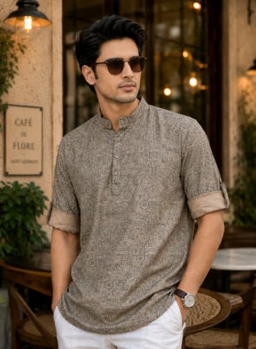 Image of Majestic Man Men's Cotton Regular Fit Short Printed Designer Kurta