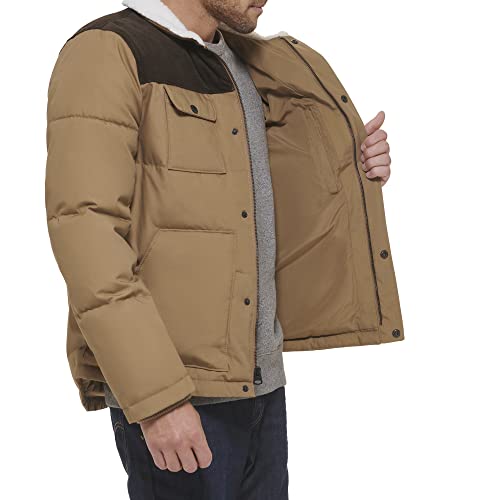 Levi's Men's Quilted Mixed Media Shirttail Work Wear Puffer Jacket, New Tan/Dark Brown, Small #TOP26