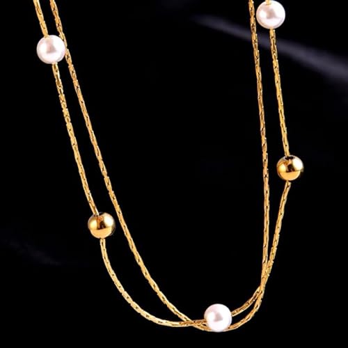 Collier de perles tendance chaîne de clavicule douce double couche dorée - 5