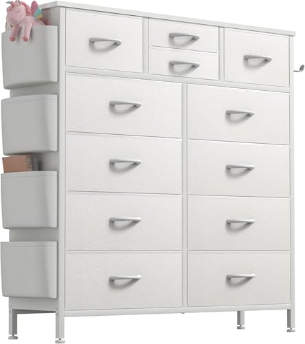 Lista de Cómodas altas para comprar online. 43 FABATO Comoda Cajonera para Recamara - 12 Cajones De Tela con Parte Superior Madera y Marco De Acero Plegable - Mueble Organizador de Ropa con Bolsillos Laterales y Ganchos