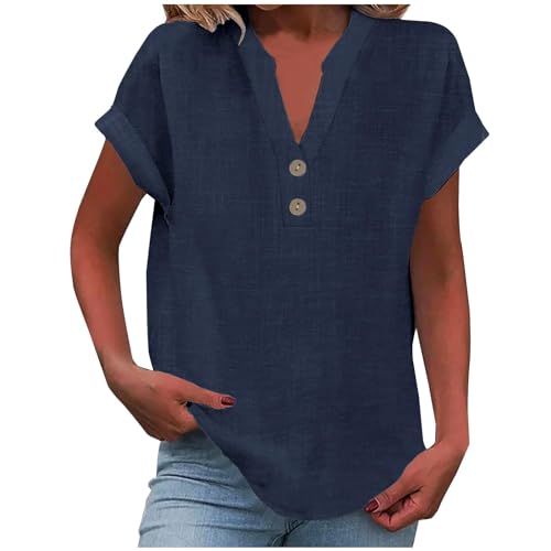 Blusas De Mujer Elegantes Manga Corta Basicas Algodón y Lino Blusas Verano Elegantes Ropa Mujer Verano 2025 Camisetas Cuello V Básica Casual T Shirts Compra Online(Marina de Guerra,3XL)