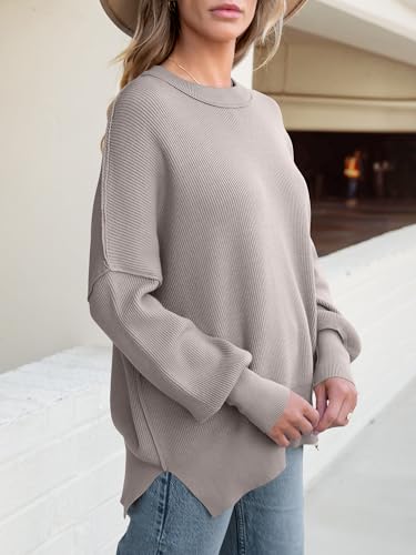 Image of ANRABESS Women Oversized Sweaters Batwing Long Sleeve 2026 Fall Outfits Crewneck Casual Knit Side Slit Fashion Pullover Top