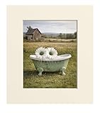 Sage Green Daisy Tub Wall Art –Country Farm Landscape Print – Cottagecore Farmhouse Decor – Handmade Matted Artwork – Shabby Chic Rural Home Accent (Green Daisy Tub)