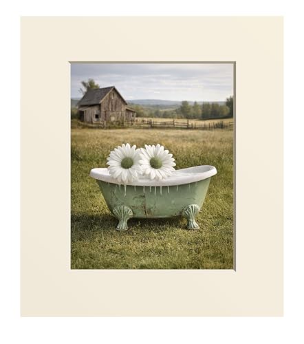 Sage Green Daisy Tub Wall Art –Country Farm Landscape Print – Cottagecore Farmhouse Decor – Handmade Matted Artwork – Shabby Chic Rural Home Accent (Green Daisy Tub)