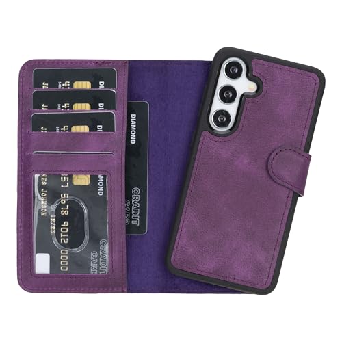 Étui en cuir véritable Galaxy S25 Plus violet fait main avec coque détachable