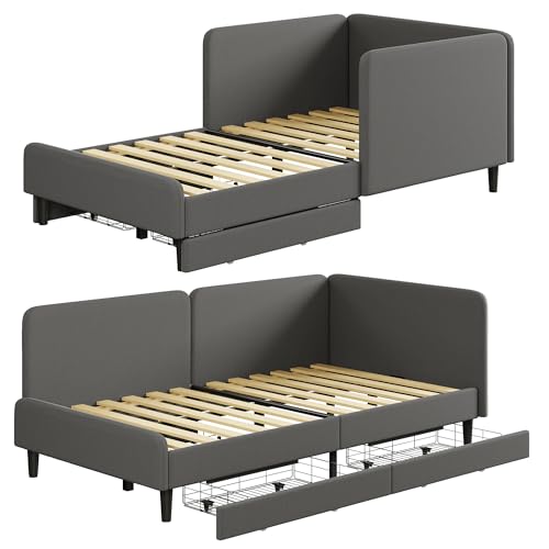 LIKIMIO Twin Daybed with Headboard, Corner Bed Frame with Bed Rails and Storage Drawers, Solid Support, for Bedroom Guest Room, Dark Gray