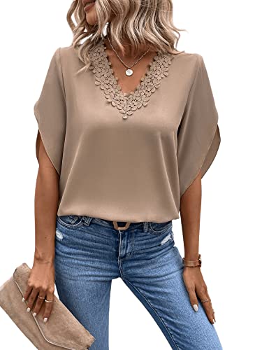 GORGLITTER Elegant Bluse Sommer Oberteil Spitzen Tunika V-Ausschnitt...